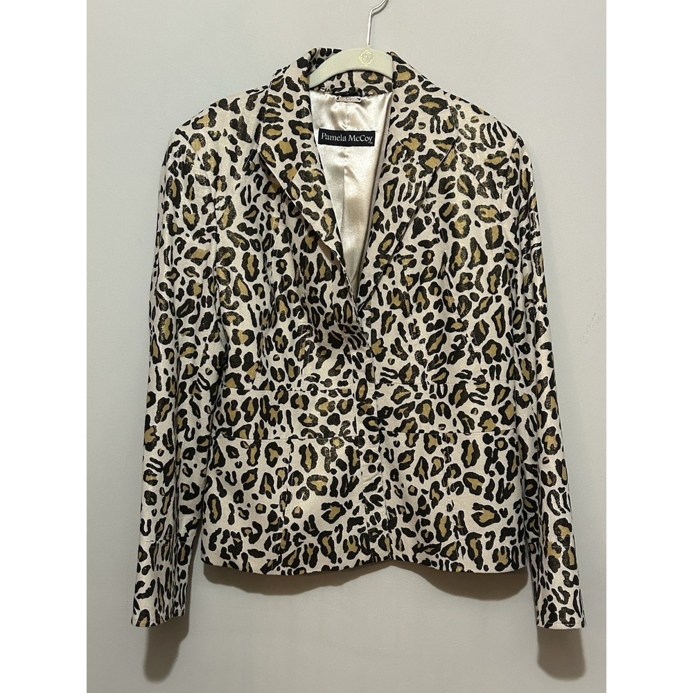 Pamela McCoy Animal Leopard Linen Blend Lined Snap Closure Blazer Jacket M
